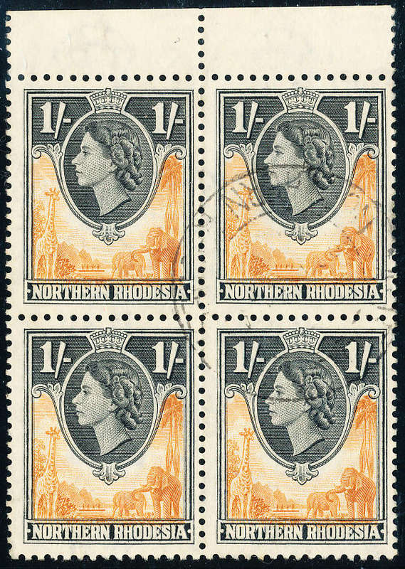 Northern Rhodesia - 1953 - Eliz Defins - 1s orange-brown/ black fine used blk of 4 . SG 70 .