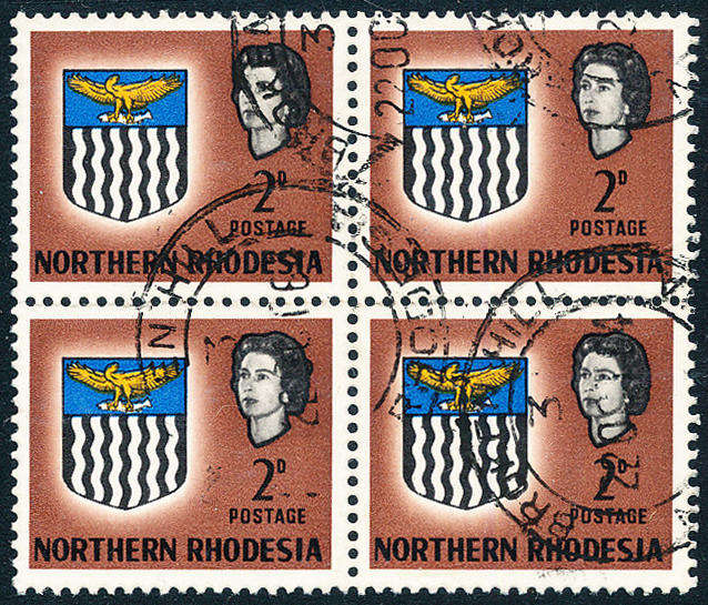 Northern Rhodesia - 1963 - Eliz Defins - 2d blk of 4 fine used . SG 75 .
