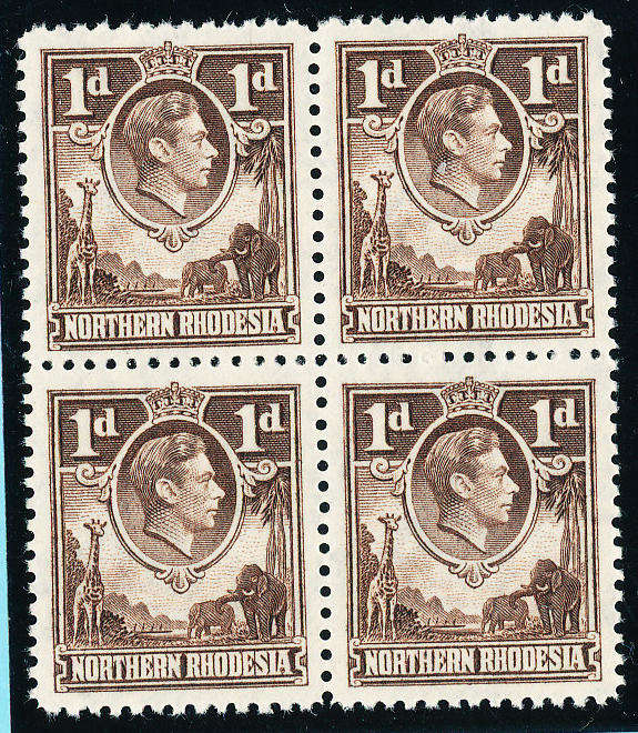 Northern Rhodesia - 1938-53 - Geo 6 - 1d brown block of 4 u.m. SACC 27 .