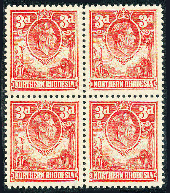 Northern Rhodesia - 1935-52 - Geo V - 3d scarlet blk of 4 mint unhinged . SG 32 .