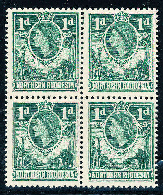 Northern Rhodesia - 1953 - Eliz Defins - 1d bluish-green blk of 4 mint unhinged . SG 62 .