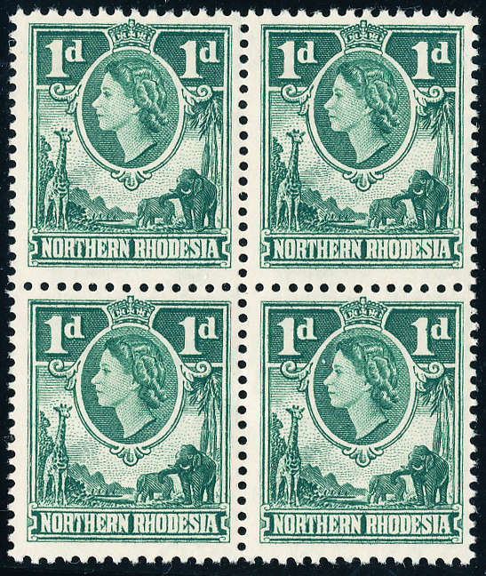 Northern Rhodesia - 1953 - Eliz Defins - 1d bluish-green blk of 4 mint unhinged . SACC 62 .