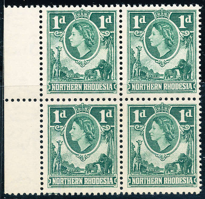 Northern Rhodesia - 1953 - Eliz Defins - 1d bluish-green blk of 4 mint unhinged . SG 62 .