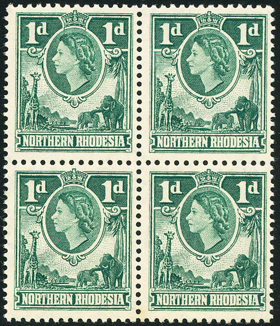 Northern Rhodesia - 1953 - Eliz Defins - 1d bluish-green block of 4 mint unhinged . SG 62 .