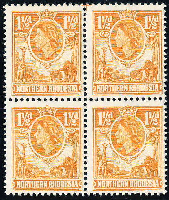 Northern Rhodesia - 1963 - Eliz Defins - 1½d  yellow-brown blk of 4 mint unhinged . SACC 63 .