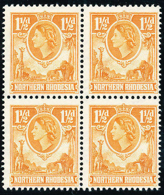 Northern Rhodesia - 1963 - Eliz Defins - 1½d yellow-brown blk of 4 mint unhinged . SG 63 .