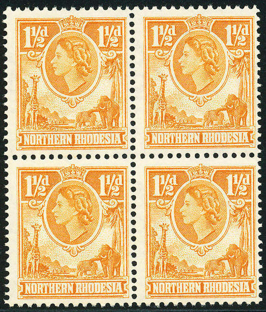 Northern Rhodesia - 1963 - Eliz Defins - 1½d yellow-brown blk of 4 mint unhinged . SG 63 .