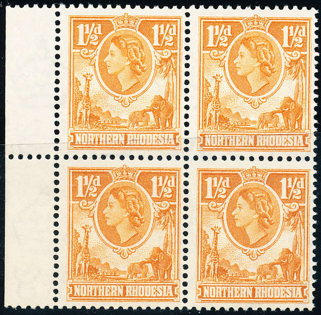 Northern Rhodesia - 1953 - Eliz 2 Defins - 1½d yellow-brown blk of 4 mint unhinged . SG 63 .