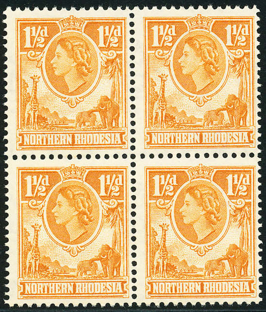 Northern Rhodesia - 1953 - Eliz Defins - 1½d yellow-brown block of 4 mint unhinged . SG 63 .