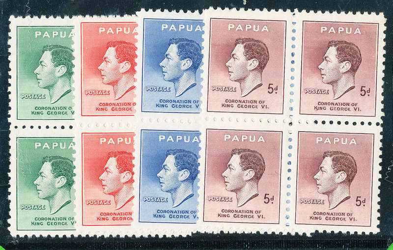 Papua - 1937 - Coronation - set of 4 blks of 4 mint unhinged . SG 154-157 .