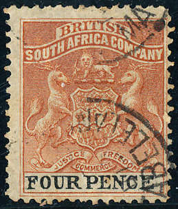 Rhodesia - 1892-94 - Defins - 4d chestnut & black fine used . SACC 22 .