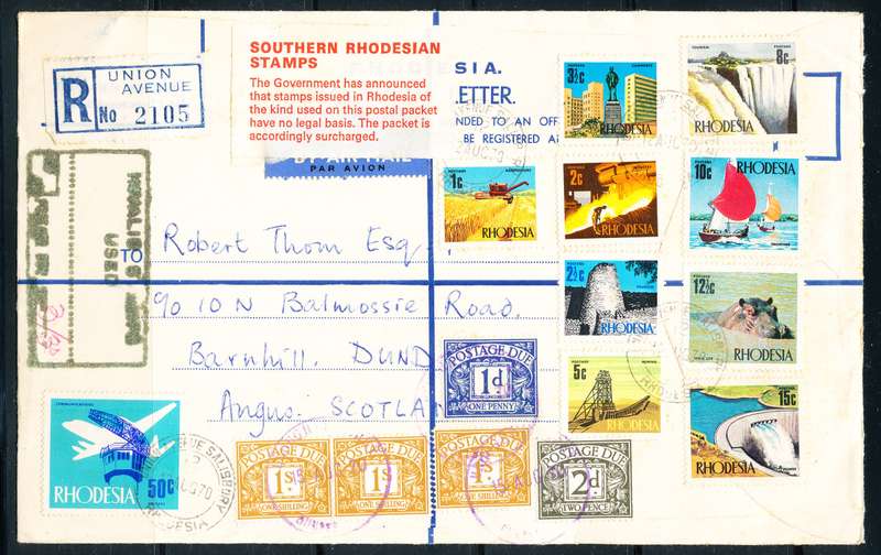 Rhodesia - 1970 - Taxed Mail - Reg cover sent to England - stamps declared no legal status taxed .