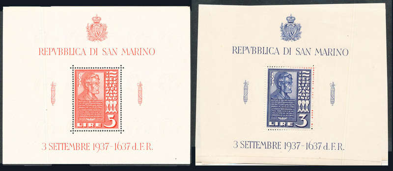 San Marino - 1937 - Bust of Abraham Lincoln - 3L & 5L m/sheets mint unhinged . SG 232 a, b .