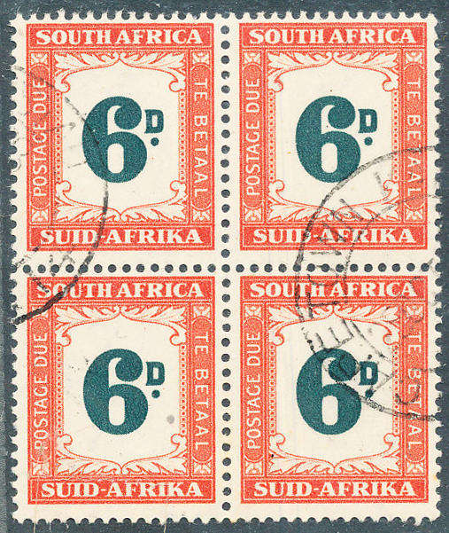 South Africa Postage Dues - 1950-58 - 6d green & orange fine used blk of 4 . SACC D42 .