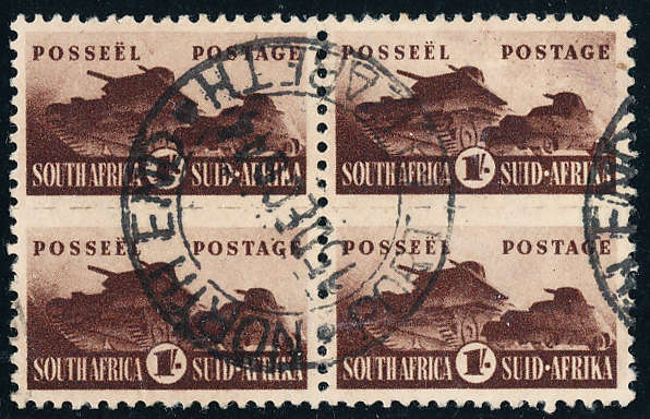 South Africa - 1942 - Small War - 1s brown fine used Block of 4 . SACC 102 .