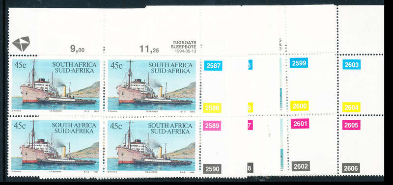 South Africa - 1994 - Tugboats - set of 5 ctrl blks of 4 mint unhinged . SACC 866-870 .