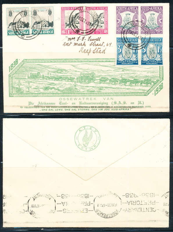 South Africa - 1938 - Voortrekker Mem Fund - set of 4 horiz pair on comm cover with Bull Hoek