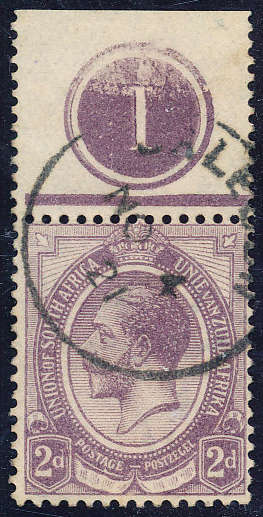 South Africa - 1913 - Geo V - 2d purple top marginal ctrl 'J' single fine used . SACC 5 .