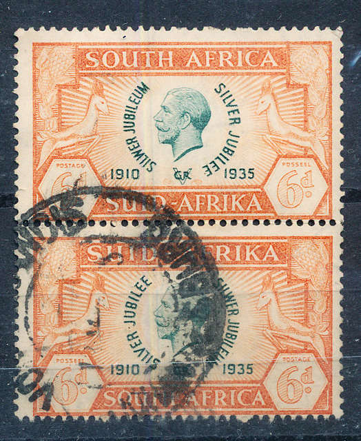 South Africa - 1935 - Silver Jubilee - 6d vertical pair good used . SACC 67 .