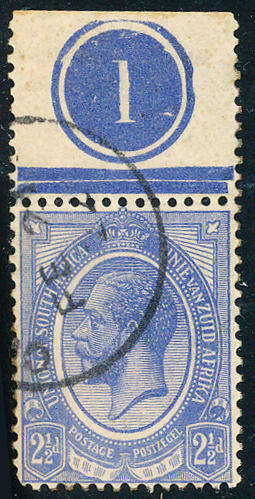 South Africa - 1913 - Geo V - 2½d blue top marginal ctrl 1 single fine used . SACC 6 .