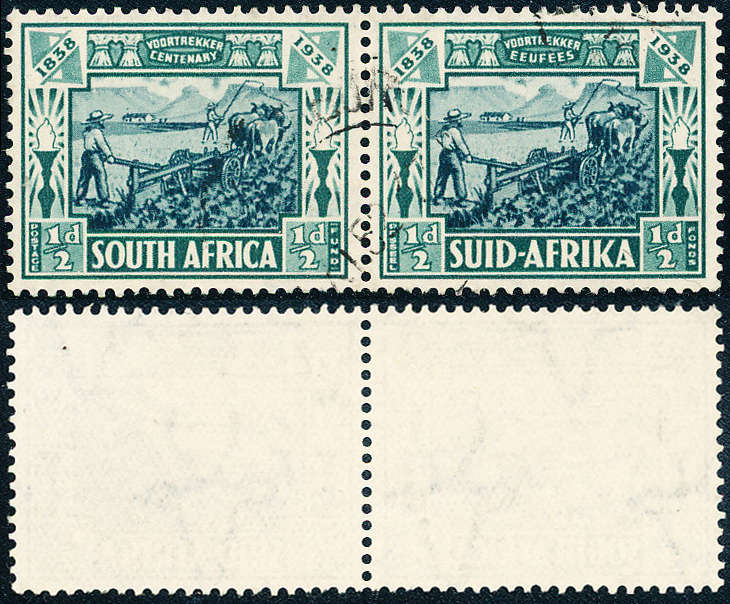 South Africa - 1938 - Voortrekker Cent Mem Fund - ½d (Ploughing) horiz pair fine used . 75 .