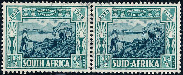 South Africa - 1938 - Voortrekker Mem Fund - ½d + ½d (Ploughing) horiz pair fine used . SG 75 .