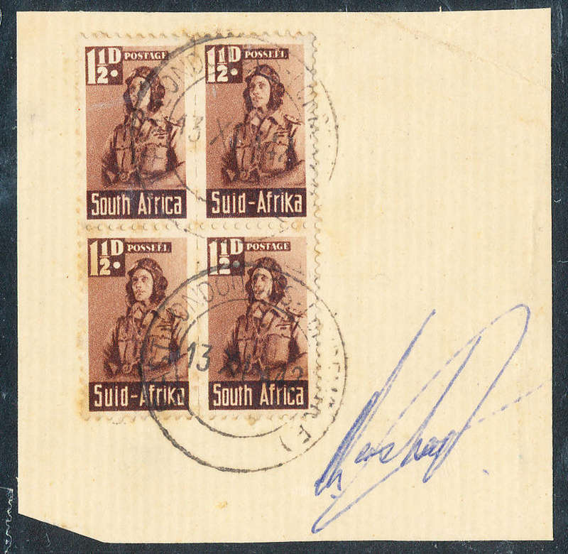 South Africa - 1942-1944 - Small War - 1½d red-brown blk of 4 on sml piece w/ East London SACC 97