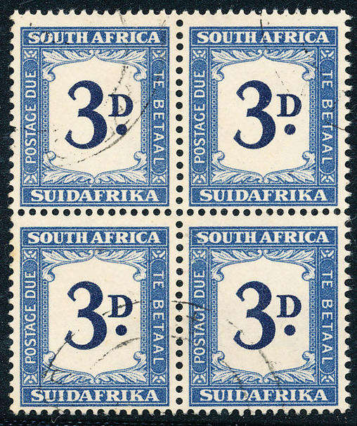 South Africa Postage Dues - 1949-49 - 3d dark blue & blue fine used block of 4 . D 36 .