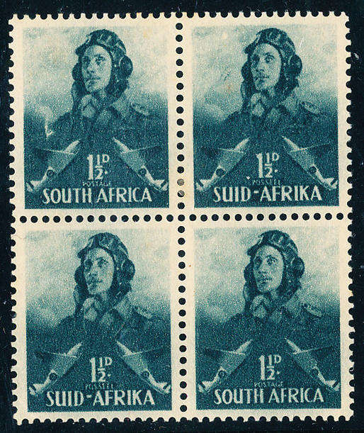 South Africa - Large War - 1½d blk of 4 variety white V sign on right shoulder ex row 16/8 SACC 89 .