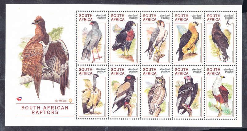 South Africa - 1998 - S.A. Raptors - m/sheet of 10 std postage stamps mint unhinged . SACC 1118 .