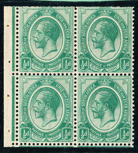 South Africa - 1913 - Geo V - ½d green wmk inv left marginal booklet pane of 4 u.m./ hinged trimmed