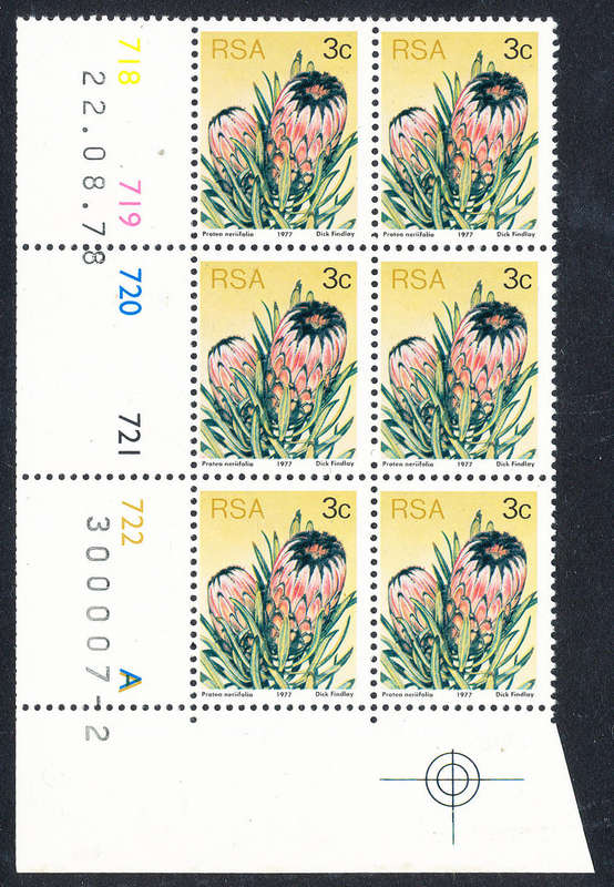 South Africa - 1977 - Protea Defins - 3c ctrl 718-722 'A' blk of 6. 2 ptg D/D 22-08-78 . SACC 420 .
