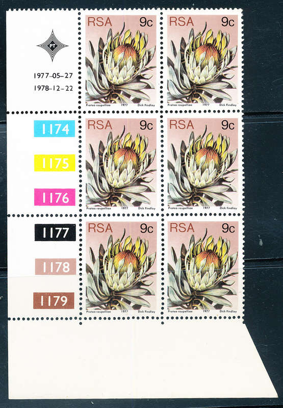 South Africa - 1977 - Protea Defins - 9c ctrl blk of 6 cyl 1174-1179 mint unhinged D/D 22/12/1978 .