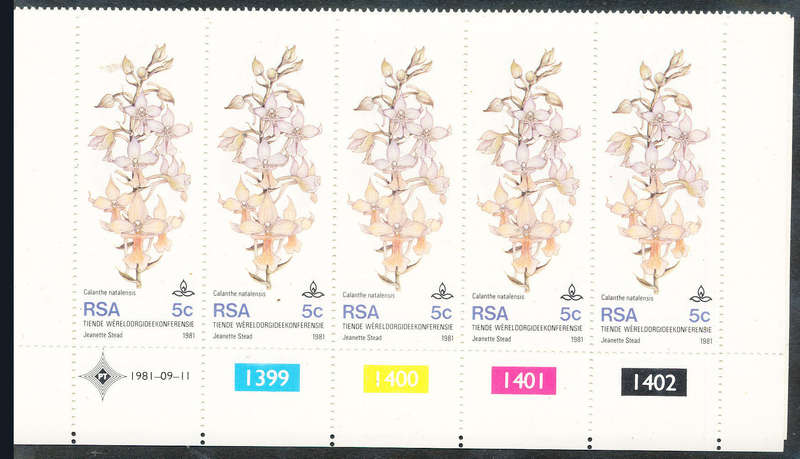 South Africa - 1981 - Orchid Conference - set of 4 mint unhinged cyl strips of 5 . SACC 502-505 .