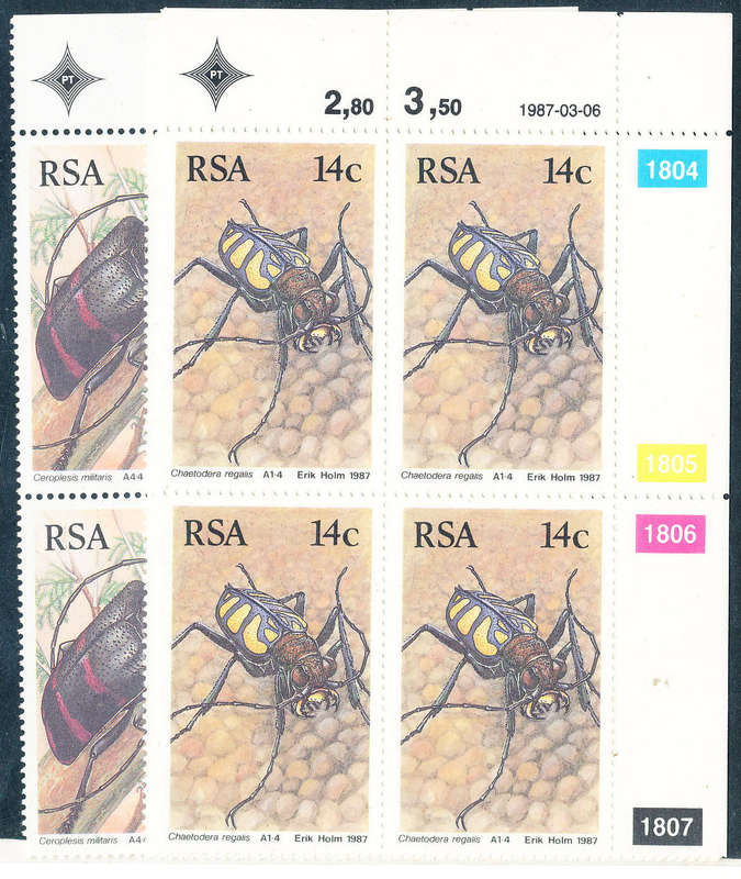 South Africa - 1987 - Beetles - set of 4 ctrl blks of 4 mint unhinged . SACC 620-623 .
