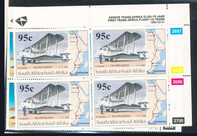 South Africa - 1995 - 75th Flight Anniv set of 2 ctrl blks of 4 mint unhinged . SG 889-890 .