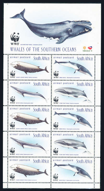 South Africa - 1998 - Whales - sheet of 10 airmail postcard stamps mint unhinged .