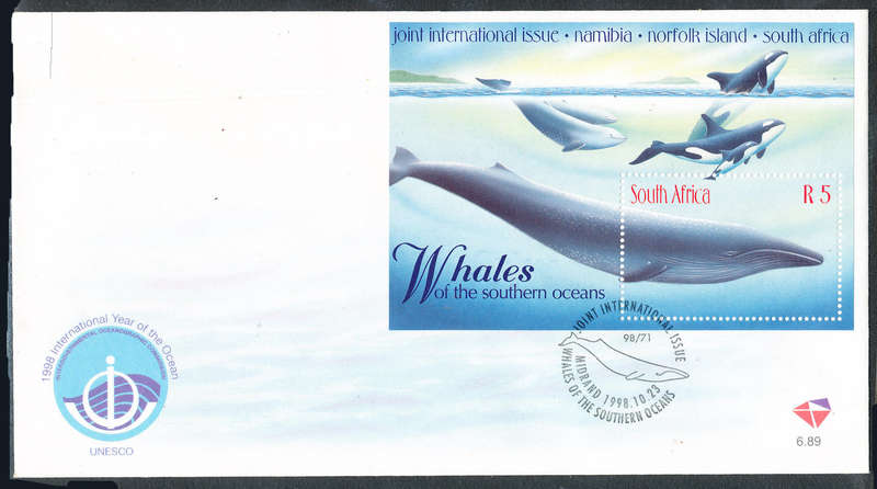 South Africa Official F.D.C.'s - 1998 - Whale - m/sheet F.D.C. no 6.89 . SACC 1176 .