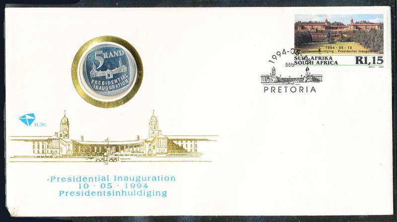 South Africa Official F.D.C.'s - 1994 - Presidential Inauguration R5 coin CV unaddressed . SACC 6.3c