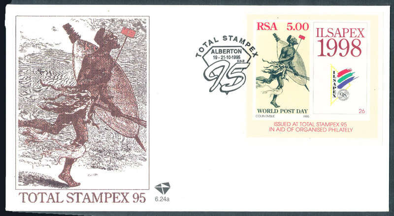 South Africa Official F.D.C.'s - 1998 - World Post Day - m/sheet CV 6.24a unaddressed . SACC 920 .