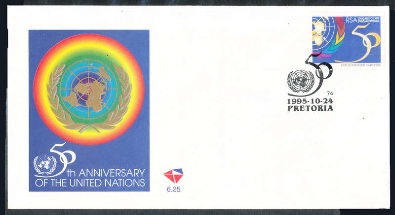 South Africa Official F.D.C.'s - 1995 - 50th Anniv of U.N. Official CV 6.25 unaddressed . SACC 922 .