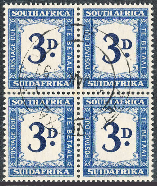 South Africa Postage Dues - 1948-49 - 3d dark blue & blue fine used Block of 4 . SACC D 36 .