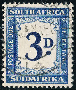 South Africa Postage Dues - 1948 - 49 - 3d dark blue & blue fine used . SACC D 36 .