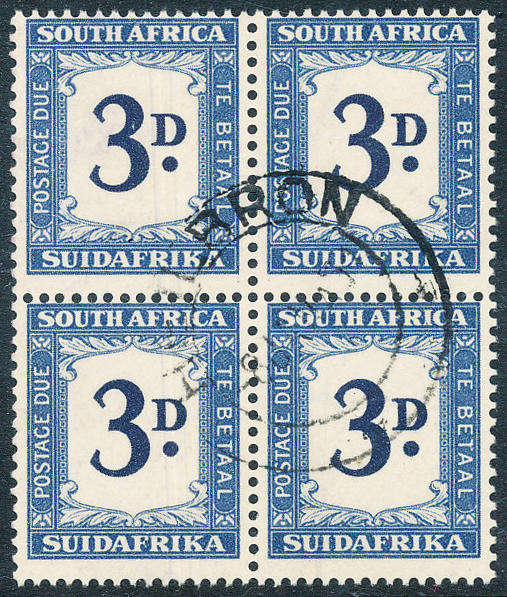 South Africa Postage Dues - 1948-49 - 3d dark blue & blue fine used . Block of 4 . SACC D 36 .