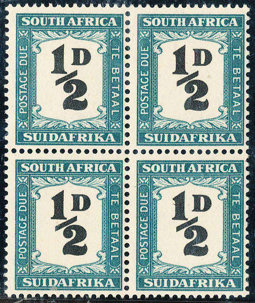 South Africa Postage Dues - 1948-49 - ½d black & green mint unhinged block of 4 . SACC D 33 .