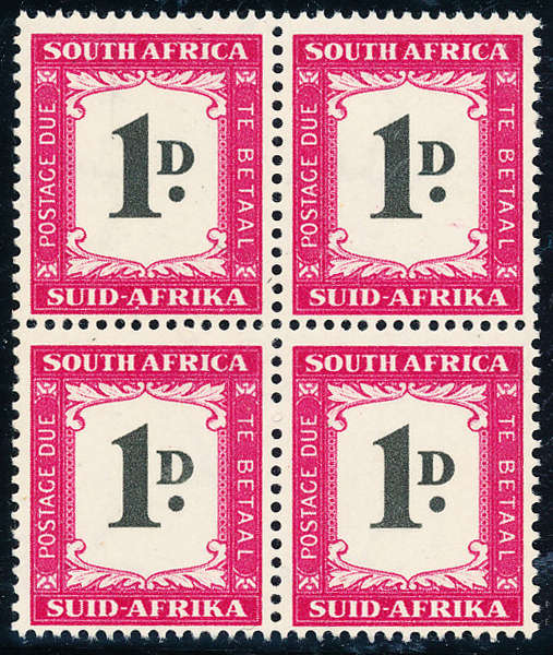South Africa Postage Dues - 1950 - 1958 - 1d black & bright rose mint unhinged blk of 4 . D 38 .