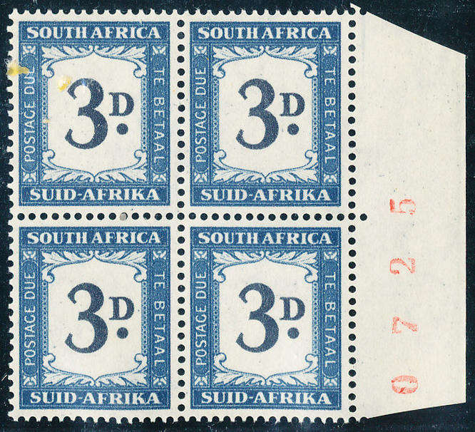 South Africa Postage Dues - 1950-58 - 3d deep blue & blue sheet no blk of 4 mint unhinged . D 40 .