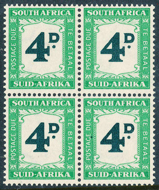 South Africa Postage Dues - 1950-58 - 4d green & emerald block of 4 mint unhinged . SACC D 41 .