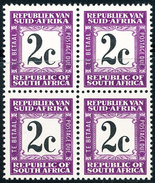 South Africa Postage Dues - 1969-71 - 2c (Har) perf 14 mint unhinged blk of 4 Cat R1200 . D57ah .