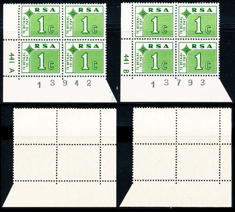 South Africa Postage Dues - 1972 - 1c green ctrl A & B blocks of 4 u.m. SACC D63 .